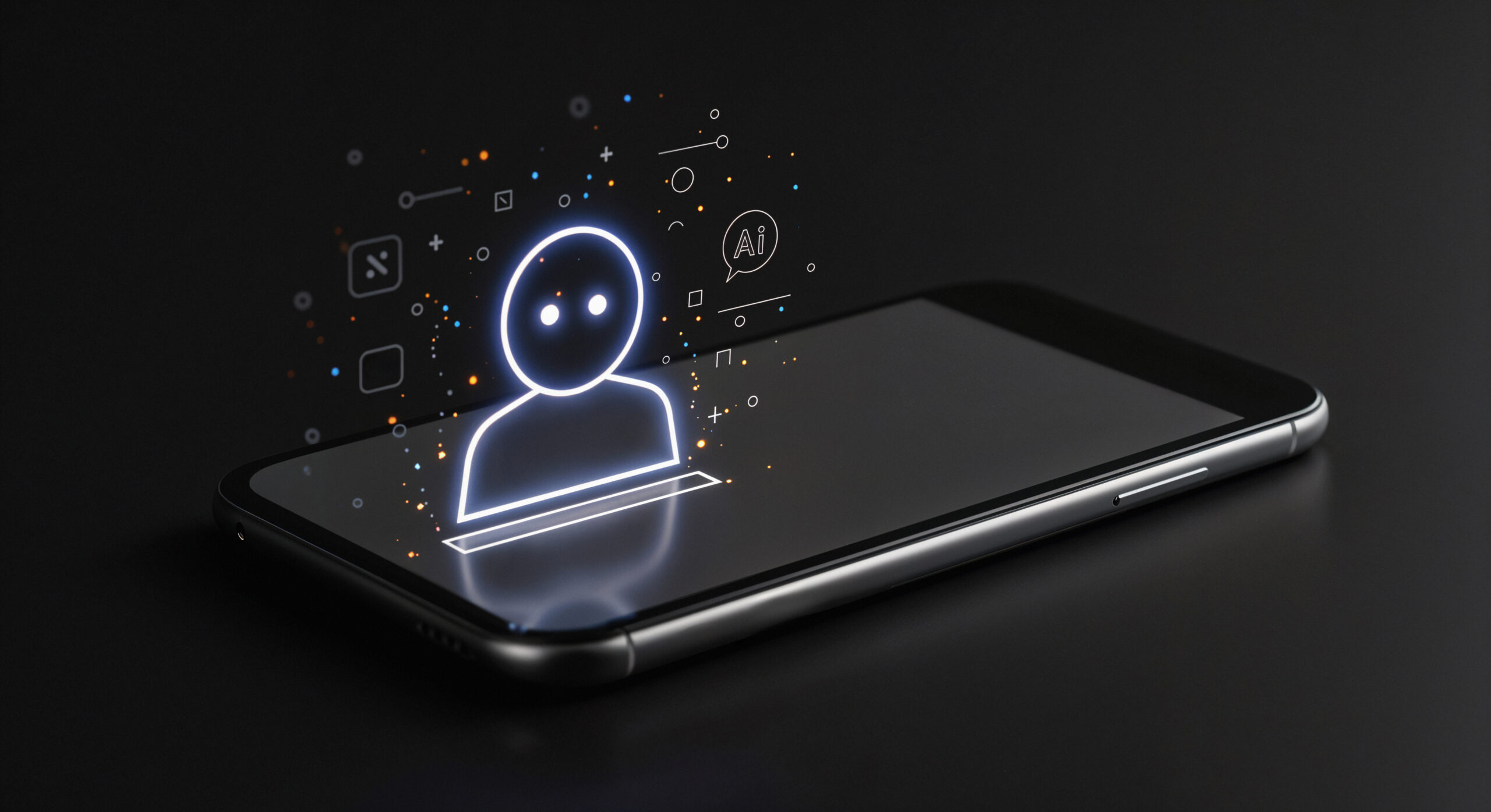 3d image of an ai chatbot popping up out of a black iphone.